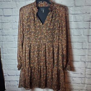 1 State Ditsy Floral Long Sleeve Flowy Dress, XL, Black Floral